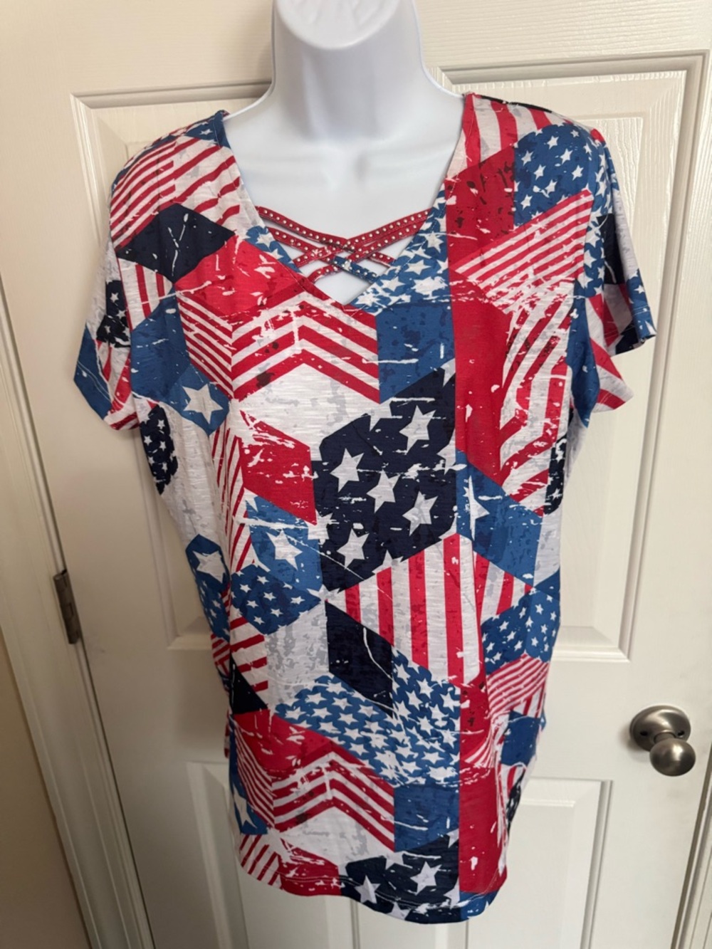 Allison Daley Red, White & Blue Crisscross V-Neck Patchwork Tee